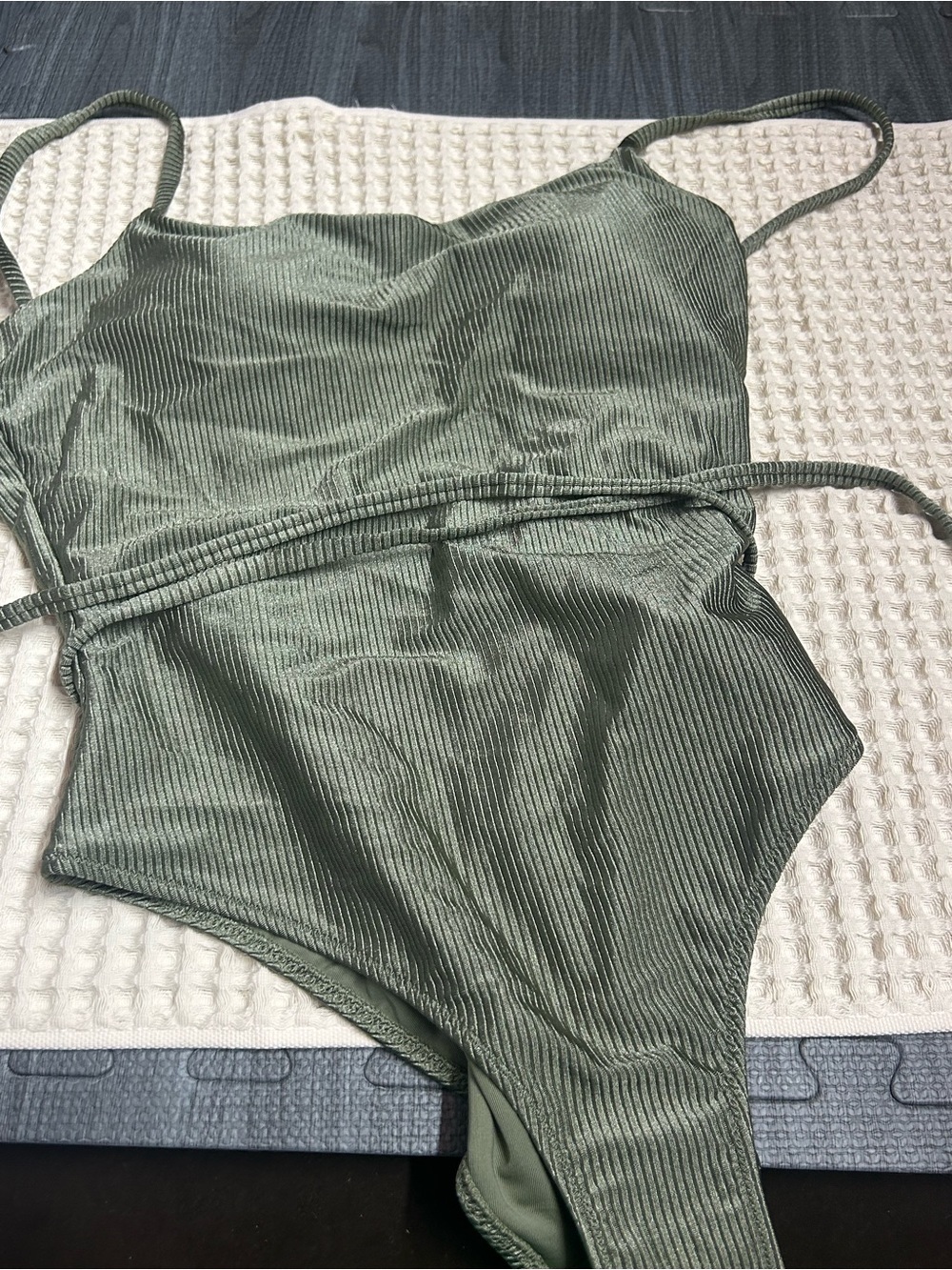 NWT Aerie Ribbed Olive Green One-Piece Wrap Around Tie Swimsuit - Picture 7 of 9